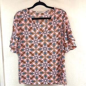 Loft tiered bell sleeve kaleidoscope blouse, lightweight pink multi, size M